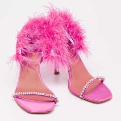 Pre Owned Amina Muaddi Pink Satin And Fur Crystal Embellished Sandals Size 38