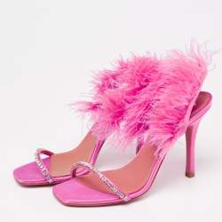 Pre Owned Amina Muaddi Pink Satin And Fur Crystal Embellished Sandals Size 38