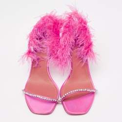 Pre Owned Amina Muaddi Pink Satin And Fur Crystal Embellished Sandals Size 38