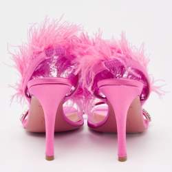 Pre Owned Amina Muaddi Pink Satin And Fur Crystal Embellished Sandals Size 38
