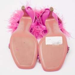 Pre Owned Amina Muaddi Pink Satin And Fur Crystal Embellished Sandals Size 38