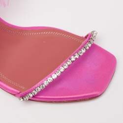 Pre Owned Amina Muaddi Pink Satin And Fur Crystal Embellished Sandals Size 38