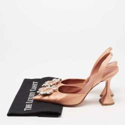 Amina Muaddi Peach Satin Begum Crystal Slingback Pumps Size 37