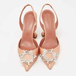 Amina Muaddi Peach Satin Begum Crystal Slingback Pumps Size 37