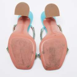 Pre Owned Amina Muaddi  Blue Satin Crystal Embellished Gilda Sandals Size 36