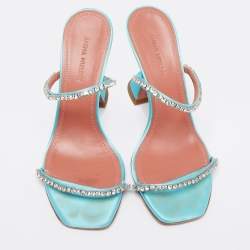 Pre Owned Amina Muaddi  Blue Satin Crystal Embellished Gilda Sandals Size 36