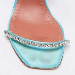Pre Owned Amina Muaddi  Blue Satin Crystal Embellished Gilda Sandals Size 36