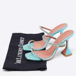 Pre Owned Amina Muaddi  Blue Satin Crystal Embellished Gilda Sandals Size 36