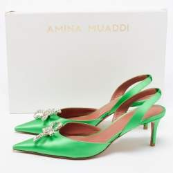 Amina Muaddi Green Satin Rosie Slingback Sandals Size 38