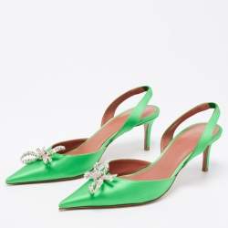 Amina Muaddi Green Satin Rosie Slingback Sandals Size 38