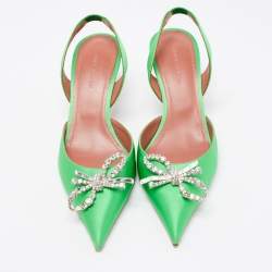 Amina Muaddi Green Satin Rosie Slingback Sandals Size 38
