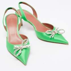 Amina Muaddi Green Satin Rosie Slingback Sandals Size 38