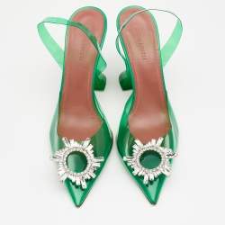 Pre Owned Amina Muaddi Green PVC Begum Crystal Embellished Slingback Sandals 38.5