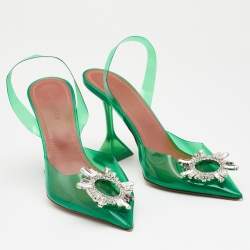 Pre Owned Amina Muaddi Green PVC Begum Crystal Embellished Slingback Sandals 38.5