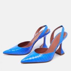Pre Owned Amina Muaddi Blue Croc Embossed Holli Slingback Sandals Size 38.5