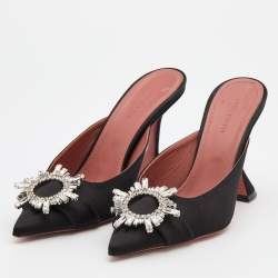 Amina Muaddi Black Satin Begum Embellished Mules Size 40