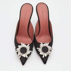 Amina Muaddi Black Satin Begum Embellished Mules Size 40