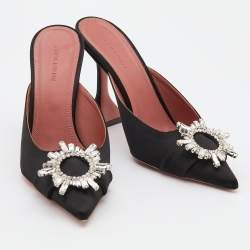 Amina Muaddi Black Satin Begum Embellished Mules Size 40