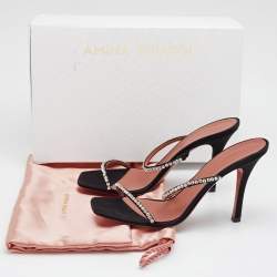 Amina Muaddi Black Satin Crystal Embellished Glida Slide Sandals Size 40