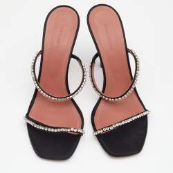 Amina Muaddi Black Satin Crystal Embellished Glida Slide Sandals Size 40