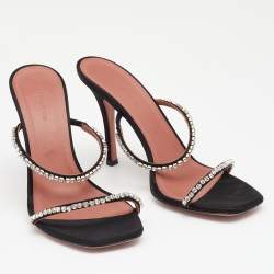 Amina Muaddi Black Satin Crystal Embellished Glida Slide Sandals Size 40