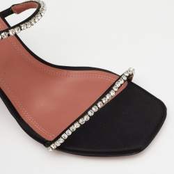 Amina Muaddi Black Satin Crystal Embellished Glida Slide Sandals Size 40