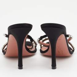 Amina Muaddi Black Satin Crystal Embellished Glida Slide Sandals Size 40