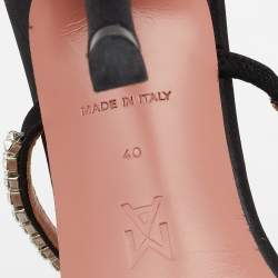 Amina Muaddi Black Satin Crystal Embellished Glida Slide Sandals Size 40