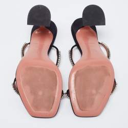Pre Owned Amina Muaddi Black Satin Crystal Embellished Gilda Slide Sandals Size 38.5