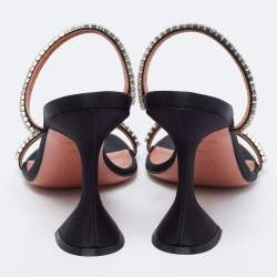 Pre Owned Amina Muaddi Black Satin Crystal Embellished Gilda Slide Sandals Size 38.5