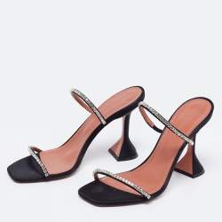 Pre Owned Amina Muaddi Black Satin Crystal Embellished Gilda Slide Sandals Size 38.5