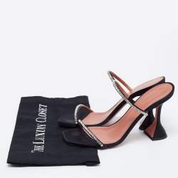 Pre Owned Amina Muaddi Black Satin Crystal Embellished Gilda Slide Sandals Size 38.5