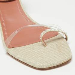 Pre Owned Amina Muaddi Beige Canvas, PVC and Crystal Embellished Suede Oya Ankle Strap Sandals Size 37