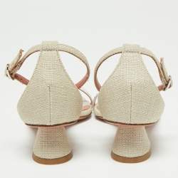 Pre Owned Amina Muaddi Beige Canvas, PVC and Crystal Embellished Suede Oya Ankle Strap Sandals Size 37