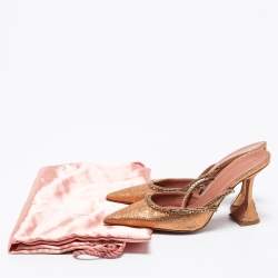 Pre Owned Amina Muaddi Rust Orange Glitter Crystal Embellished Gilda Mules Size 38.5