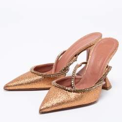 Pre Owned Amina Muaddi Rust Orange Glitter Crystal Embellished Gilda Mules Size 38.5