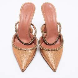 Pre Owned Amina Muaddi Rust Orange Glitter Crystal Embellished Gilda Mules Size 38.5