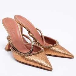 Pre Owned Amina Muaddi Rust Orange Glitter Crystal Embellished Gilda Mules Size 38.5