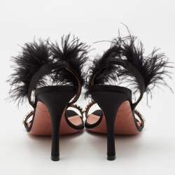 Pre Owned Amina Muaddi Black Crystal Embellished Satin and Feather Adwoa Slingback Sandals Size 37.5