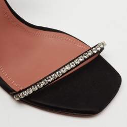 Pre Owned Amina Muaddi Black Crystal Embellished Satin and Feather Adwoa Slingback Sandals Size 37.5
