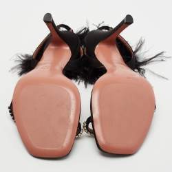 Pre Owned Amina Muaddi Black Crystal Embellished Satin and Feather Adwoa Slingback Sandals Size 37.5