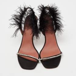 Pre Owned Amina Muaddi Black Crystal Embellished Satin and Feather Adwoa Slingback Sandals Size 37.5