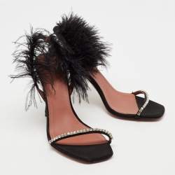 Pre Owned Amina Muaddi Black Crystal Embellished Satin and Feather Adwoa Slingback Sandals Size 37.5