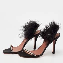 Pre Owned Amina Muaddi Black Crystal Embellished Satin and Feather Adwoa Slingback Sandals Size 37.5