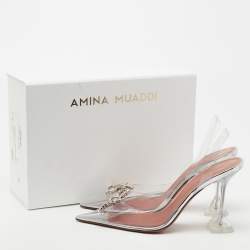 Pre Owned Amina Muaddi Silver PVC Rosie Slingback Pumps Size 40 