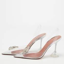 Pre Owned Amina Muaddi Silver PVC Rosie Slingback Pumps Size 40 