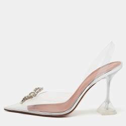 Pre Owned Amina Muaddi Silver PVC Rosie Slingback Pumps Size 40 