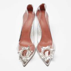 Pre Owned Amina Muaddi Silver/Transperent PVC and Leather Begum Pumps Size 37