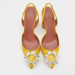 Amina Muaddi Yellow Satin Begum Crystal Embellished Slingback Pumps Size 36