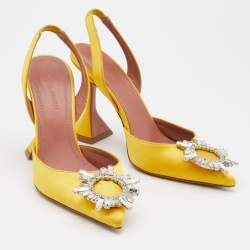 Amina Muaddi Yellow Satin Begum Crystal Embellished Slingback Pumps Size 36